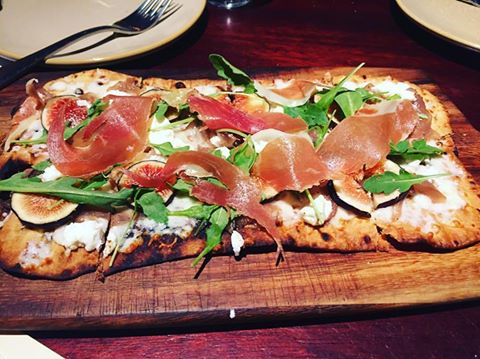 Wood Grilled Flatbread with Black Mission Figs, Prosciutto, and Goat Cheese